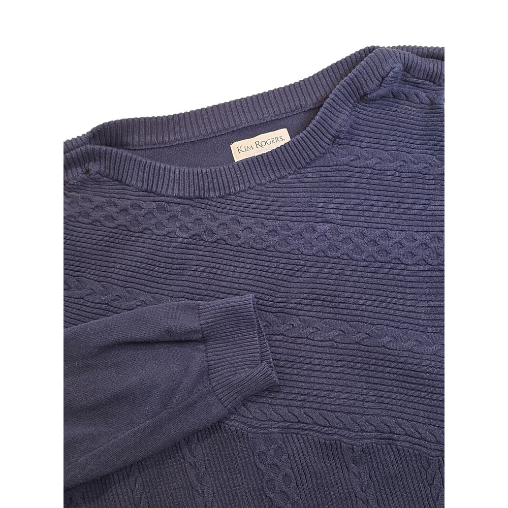 Kim Rogers Navy Blue Cable Knit Cotton Sweater Womens XL Crewneck